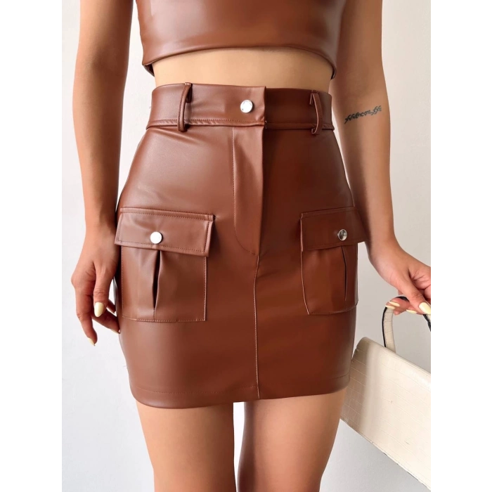 ÇOK SATAN Önden iki cepli deri etek kahve h240040