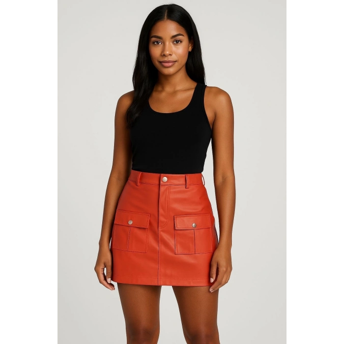 ÇOK SATAN Önden iki cepli deri etek turuncu h240040