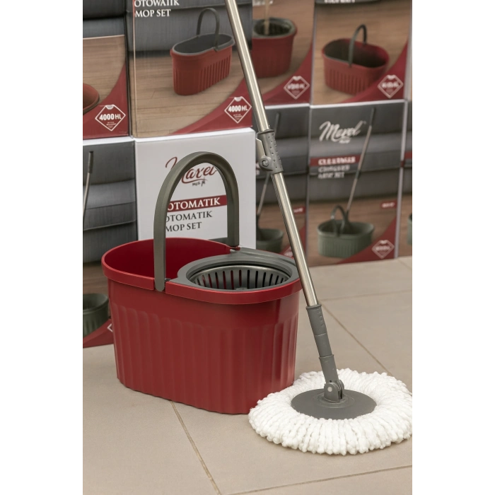 ÇOK SATAN Otomatik Mop Seti Paspas ve Sıkma Kovası, 360° Döner Başlıklı Mikrofiber Yer Temizleme Bordo