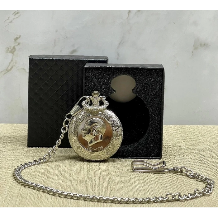 ÇOK SATAN Özel Kutulu Atatürk Tasarımlı Gümüş Köstekli Saat