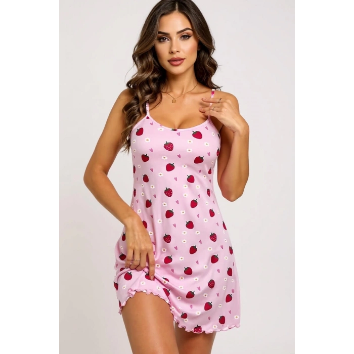 ÇOK SATAN Pembe Çilek Desenli Askılı Kadın Gecelik