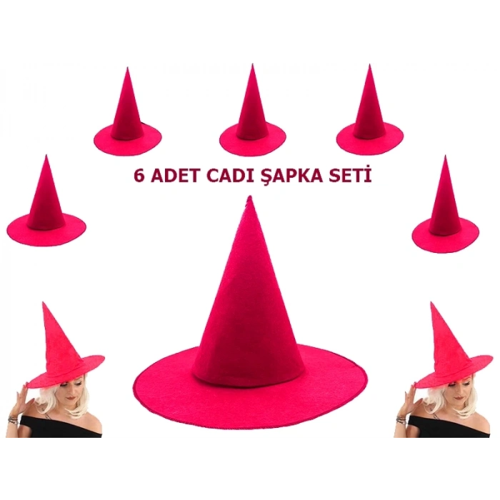 ÇOK SATAN Pembe Fuşya Renk Keçe Cadı Şapkası Yetişkin Çocuk Uyumlu 6 Adet