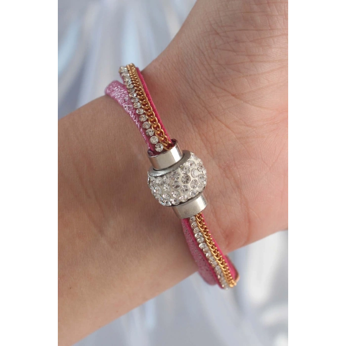 ÇOK SATAN Pembe Renk Zirkon Taşlı Püskül Detay Deri Çoklu Bileklik