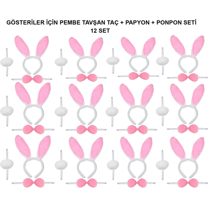 ÇOK SATAN Pembe Tavşan Kostüm Seti – Taç, Papyon, Ponpon (12’li Paket)