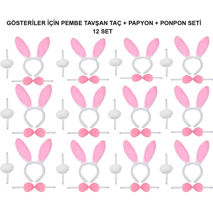 ÇOK SATAN Pembe Tavşan Kostüm Seti – Taç, Papyon, Ponpon (12’li Paket)