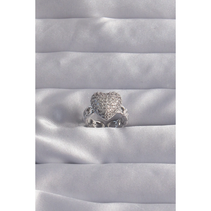 ÇOK SATAN Pirinç Ayarlamalı Gümüş Renk Zirkon Taşlı Bombeli Kalp Yüzük