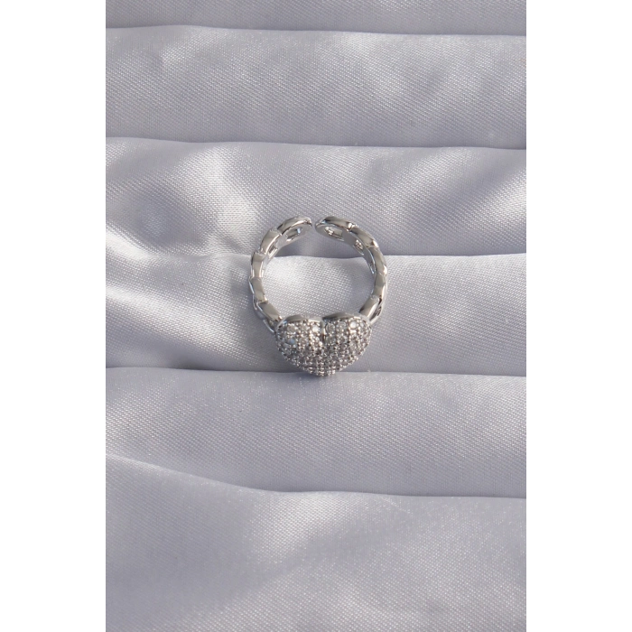 ÇOK SATAN Pirinç Ayarlamalı Gümüş Renk Zirkon Taşlı Bombeli Kalp Yüzük