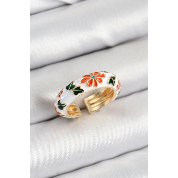 ÇOK SATAN Pirinç Beyaz Mineli Çiçek Motifli Gold Renk Ayarlanabilir Kadın Yüzük