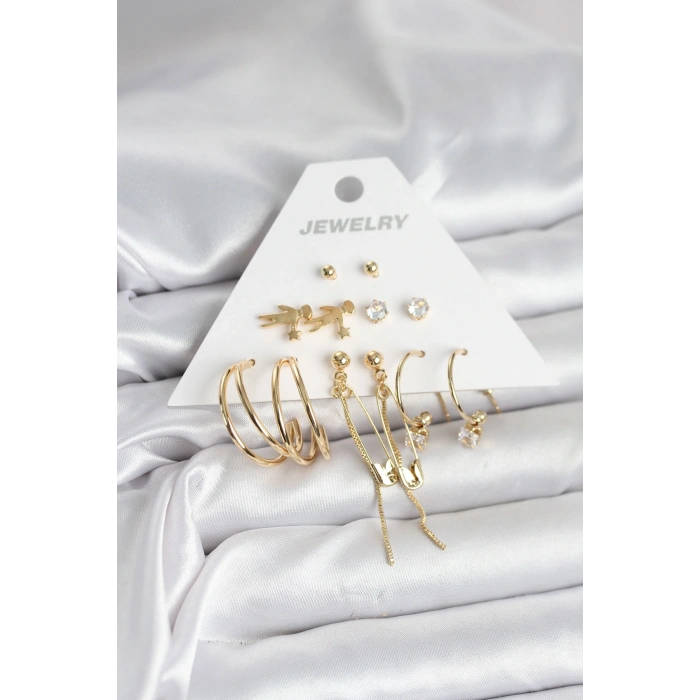 Pirinç Gold Renk 6 Çiftli Kadın Küpe Seti