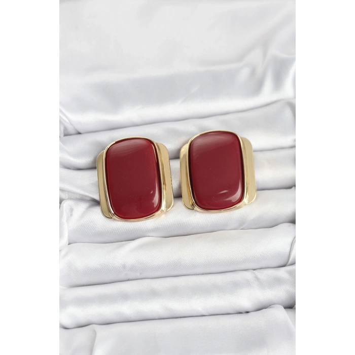 Pirinç Gold Renk Bordo Plaka Vintage Kadın Küpe