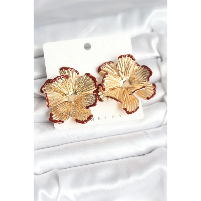 Pirinç Gold Renk Bordo Renk Detaylı Lotus Kadın Küpe