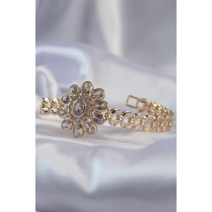 ÇOK SATAN Pirinç Gold Renk İri Zirkon Taşlı Çiçek Figürlü Bileklik