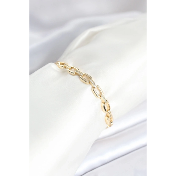 ÇOK SATAN Pirinç Gold Renk Kare Zincir Model Zirkon Taşlı Kadın Bileklik