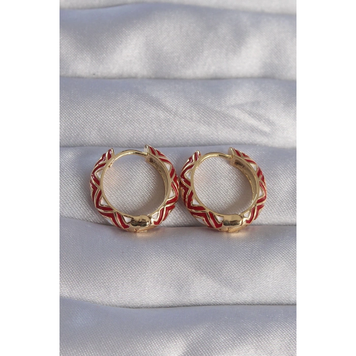 ÇOK SATAN Pirinç Gold Renk Kırmızı Etnik Desenli Halka Küpe