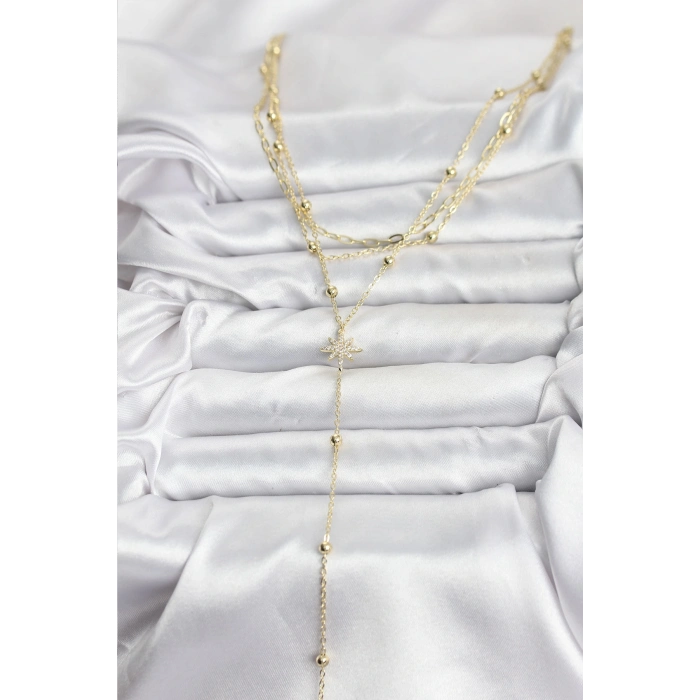 Pirinç Gold Renk Kutup Yıldızı Detaylı 3lü Kombin Kadın Kolye