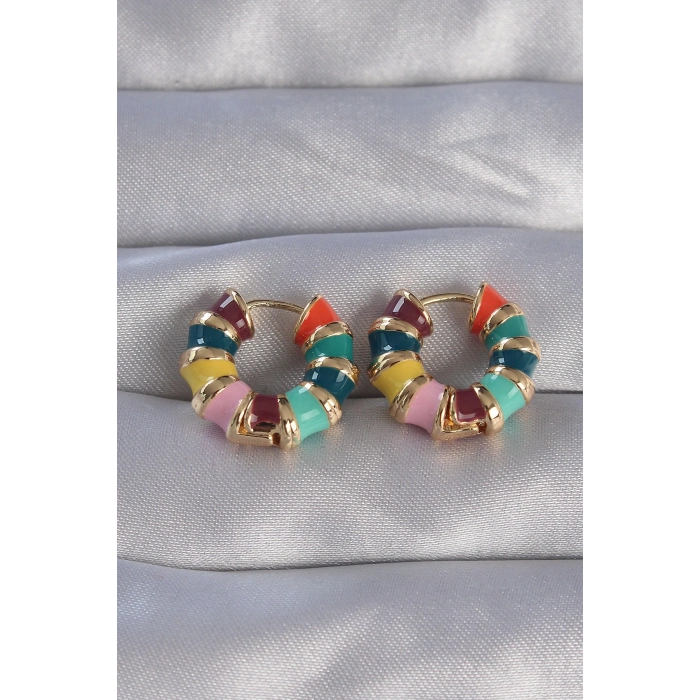 ÇOK SATAN Pirinç Gold Renk Mineli Çok Renkli Kabartmalı Halka Küpe