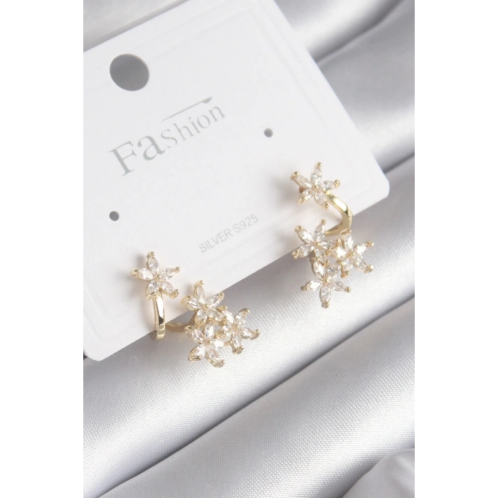 ÇOK SATAN Pirinç Gold Renk Zirkon Taşlı Çiçek Tasarım Kadın Küpe