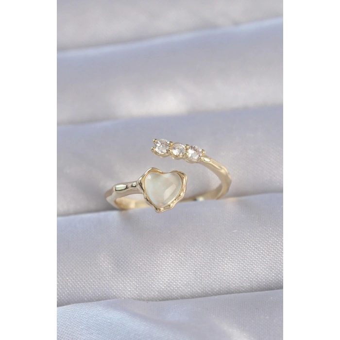 ÇOK SATAN Pirinç Gold Renk Zirkon Taşlı Sedefli Kalp Model Ayarlanabilir Yüzük