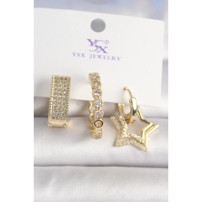 ÇOK SATAN Pirinç Gold Renk Zirkon Taşlı Yıldız Figür Halka Model 3Lü Kadın Kombin Küpe