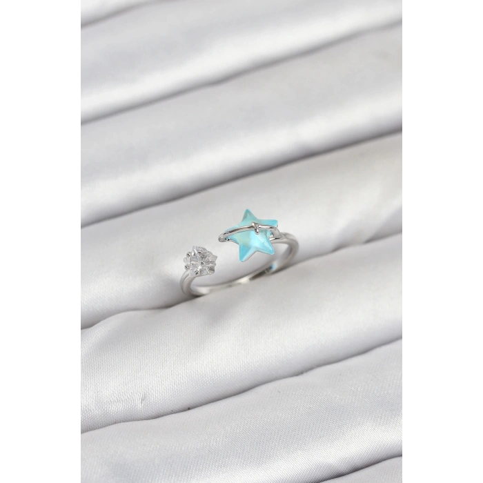 ÇOK SATAN Pirinç Gümüş Renk Mavi Yıldızlı Model Kadın Yüzük