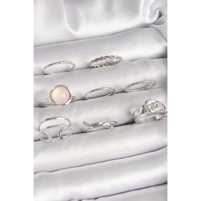 ÇOK SATAN Pirinç Gümüş Renk Pembe Mineli Kemer Düğüm Figür Kadın Yüzük Kombini