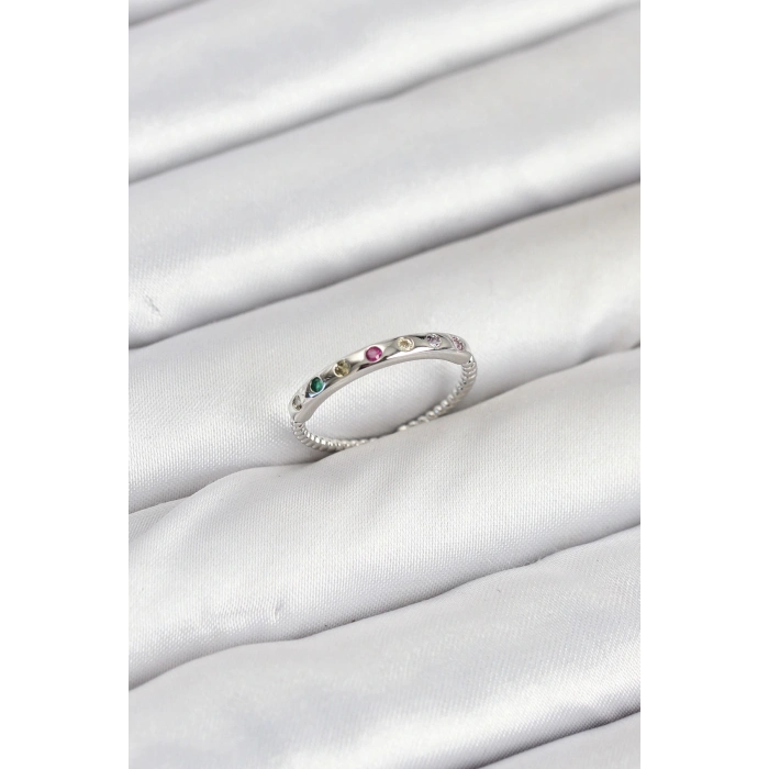 Pirinç Gümüş Renk Renkli Zirkon Taşlı Kadın Yüzük