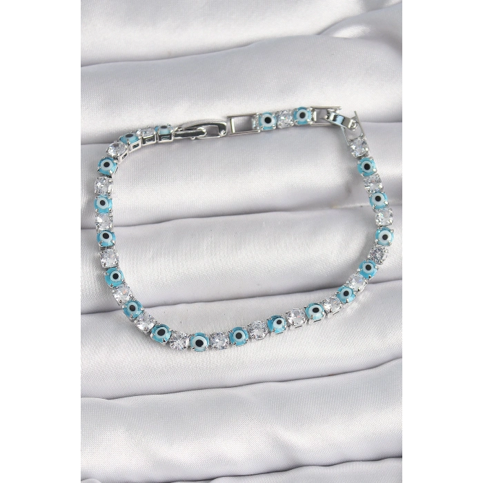 Pirinç Gümüş Renk Su Yolu Zirkon Taşlı Nazar Boncuklu Kadın Bileklik