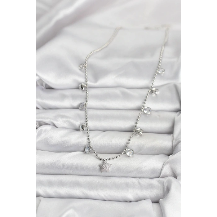 Pirinç Gümüş Renk Yıldız Model Kadın Kolye