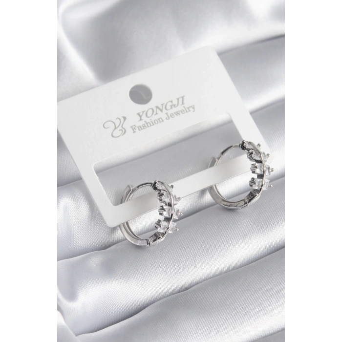 ÇOK SATAN Pirinç Gümüş Renk Zirkon Taşlı Kadın Küpe