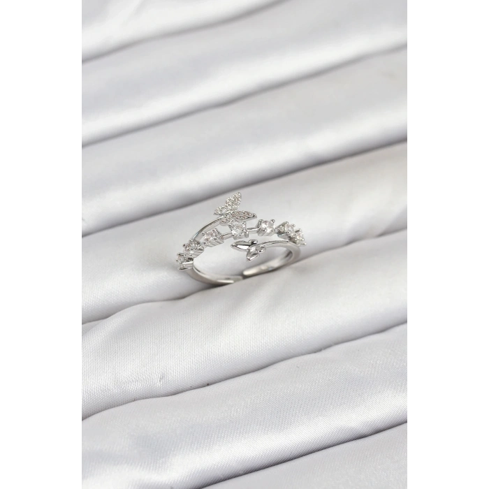 ÇOK SATAN Pirinç Gümüş Renk Zirkon Taşlı Kelebek Model Kadın Yüzük