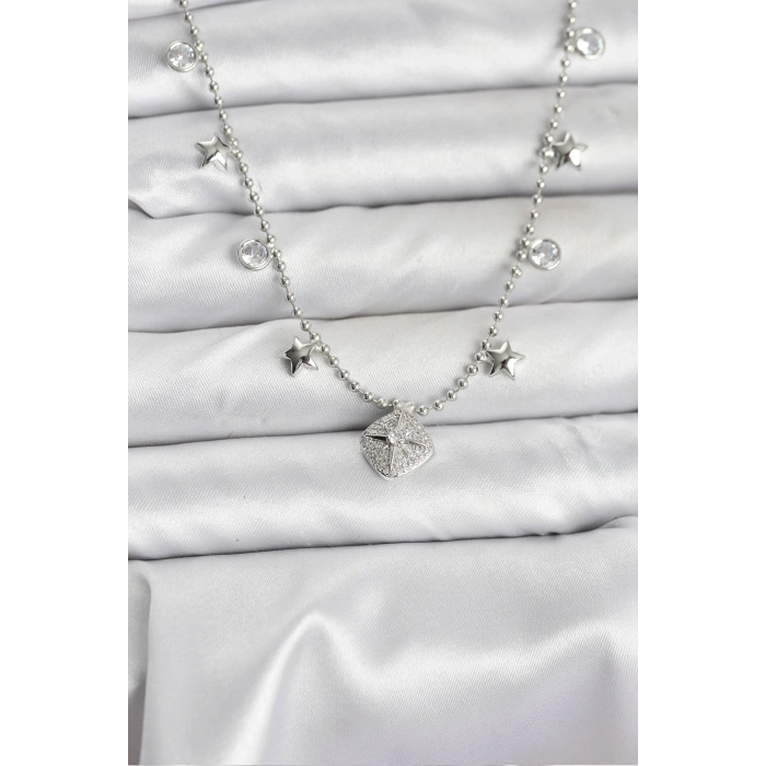 Pirinç Gümüş Renk Zirkon Taşlı Kutup Yıldızı Model Kadın Kolye