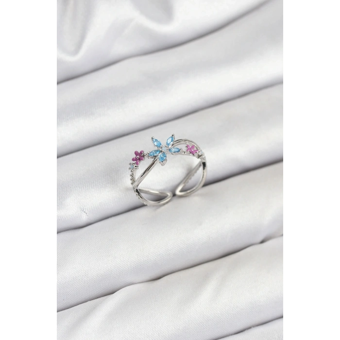 ÇOK SATAN Pirinç Gümüş Renk Zirkon Taşlı Mavi Çiçekli Kadın Yüzük