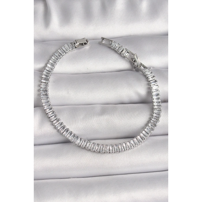 ÇOK SATAN Pirinç Gümüş Renk Zirkon Taşlı Su Yolu Model Kadın Bileklik