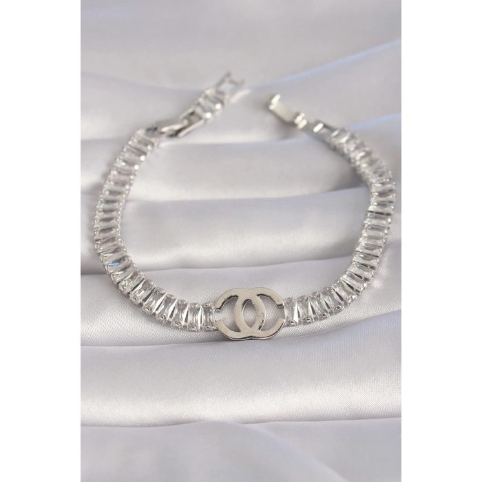 ÇOK SATAN Pirinç Gümüş Renk Zirkon Taşlı Su Yolu Model VIP Seri Kadın Bileklik