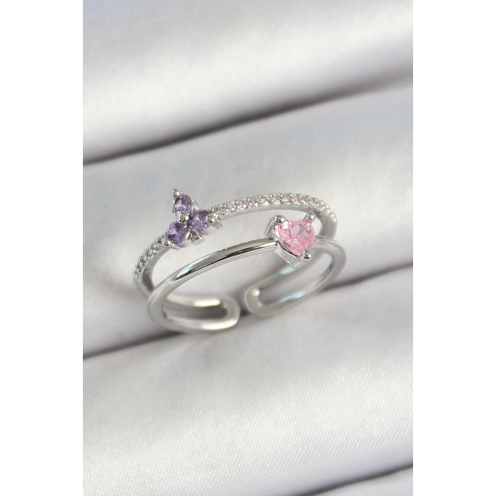 ÇOK SATAN Pirinç Kalp Ve Çiçek Figürlü Zirkon Taşlı Gümüş Renk Ayarlanabilir Kadın Yüzük