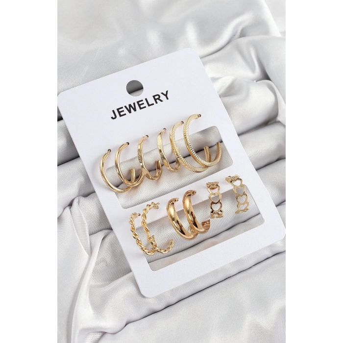 ÇOK SATAN Pirinç Karışık Halka Model Gold Renk 6 Çift Kadın Küpe Set