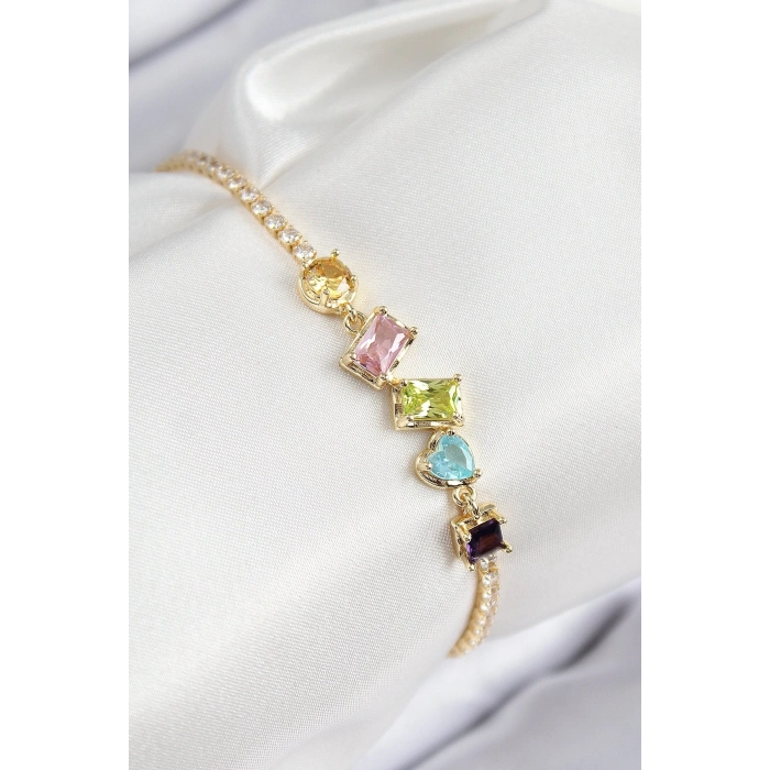 ÇOK SATAN Pirinç Renkli Zirkon Taşlı Geometrik Model Gold Renk Kadın Bileklik