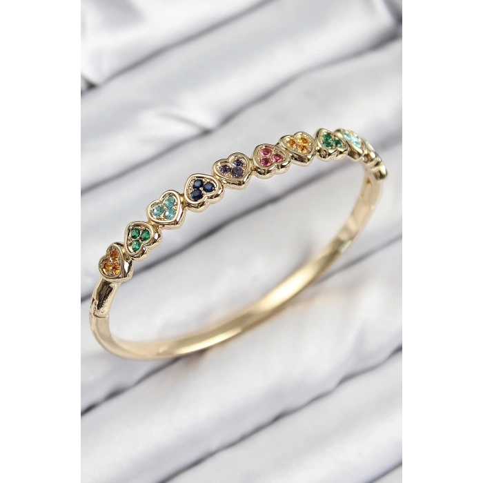 ÇOK SATAN Pirinç Renkli Zirkon Taşlı Sıralı Kalp Model Gold Renk Kadın Kelepçe