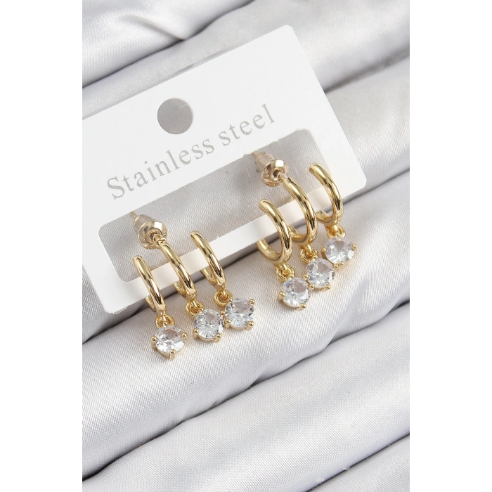 ÇOK SATAN Pirinç Sallantılı Zirkon Taşlı Model Gold Renk Kadın Küpe