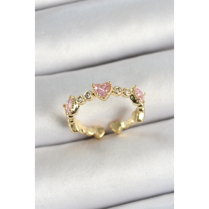 ÇOK SATAN Pirinç Sıralı Kalp Figürlü Zirkon Taşlı Gold Renk Ayarlanabilir Kadın Yüzük