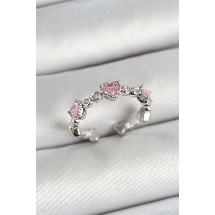 ÇOK SATAN Pirinç Sıralı Kalp Figürlü Zirkon Taşlı Gümüş Renk Ayarlanabilir Kadın Yüzük