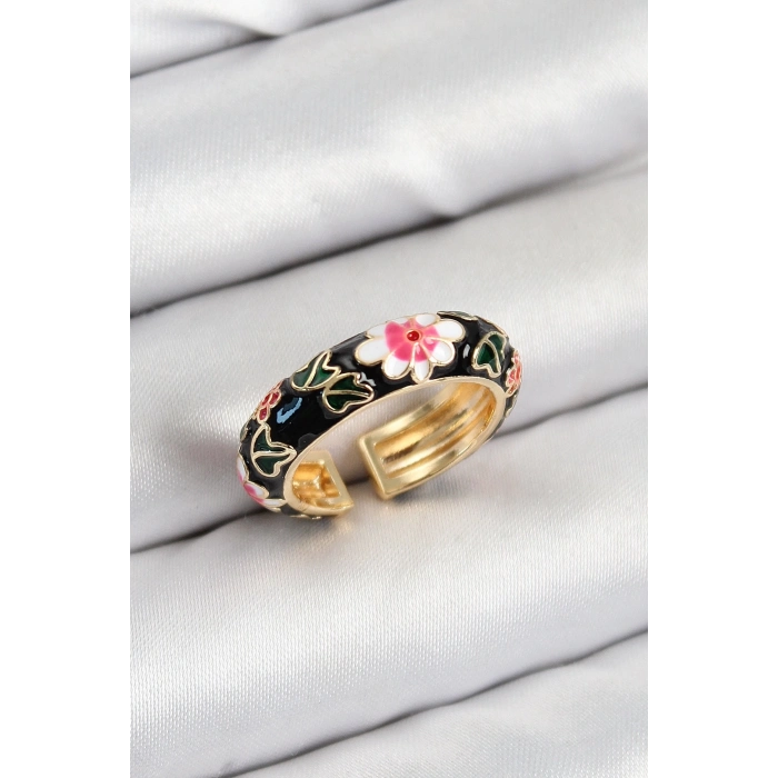 ÇOK SATAN Pirinç Siyah Mineli Çiçek Motifli Gold Renk Ayarlanabilir Kadın Yüzük