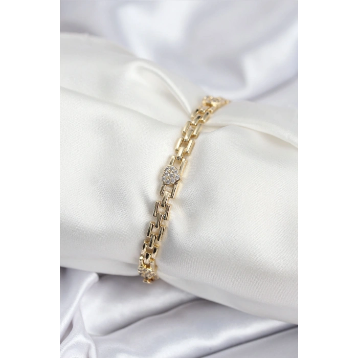 Pirinç VIP Seri Gold Renk Zincir Model Kalpli Zirkon Taşlı Kadın Bileklik