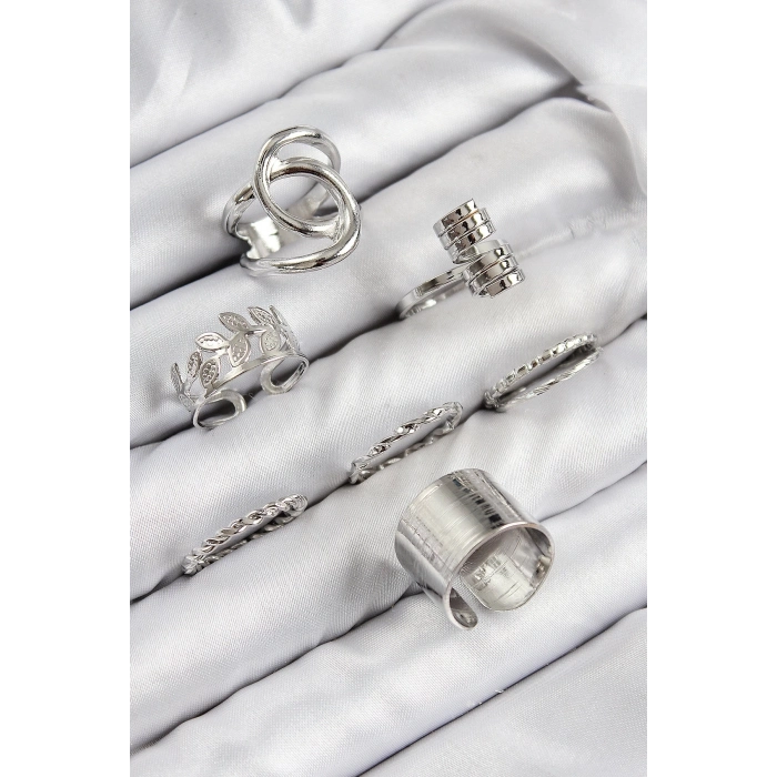 ÇOK SATAN Pirinç Yaprak Model Gümüş Renk Kadın Yüzük Kombin Set