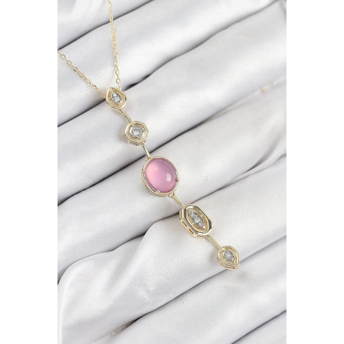 ÇOK SATAN Pirinç Zincir Pembe Gold Renk Zirkon Taşlı Y Kolye