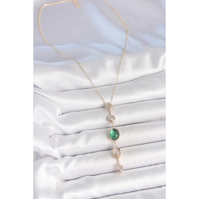 ÇOK SATAN Pirinç Zincir Zümrüt Yeşil Gold Renk Zirkon Taşlı Y Kolye
