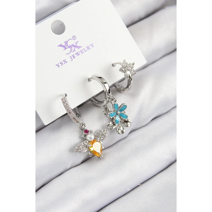 ÇOK SATAN Pirinç Zirkon Taşlı 3lü Arı Ve Çiçek Model Gümüş Renk Kadın Küpe