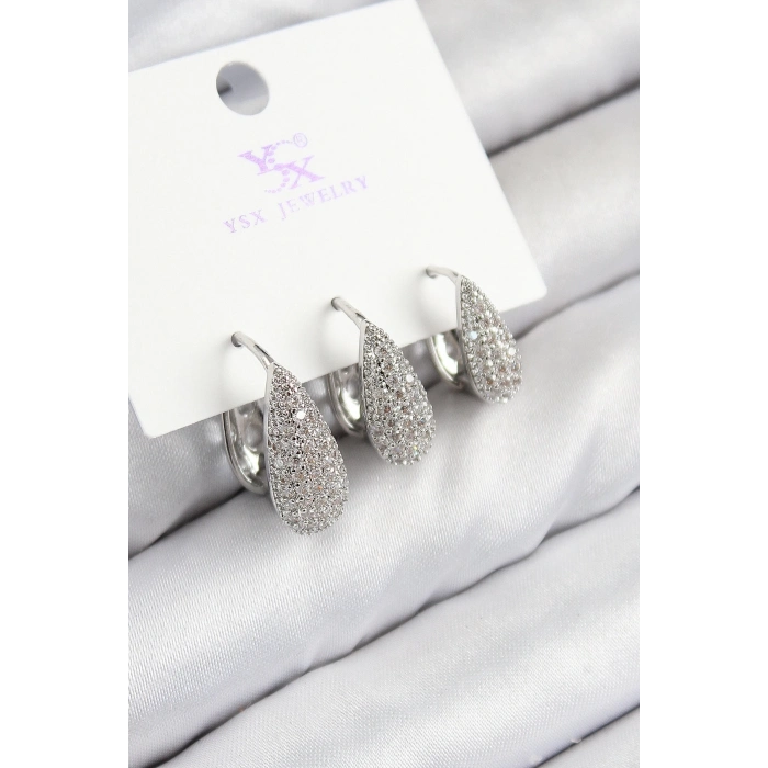 ÇOK SATAN Pirinç Zirkon Taşlı 3lü Damla Model Gümüş Renk Kadın Küpe