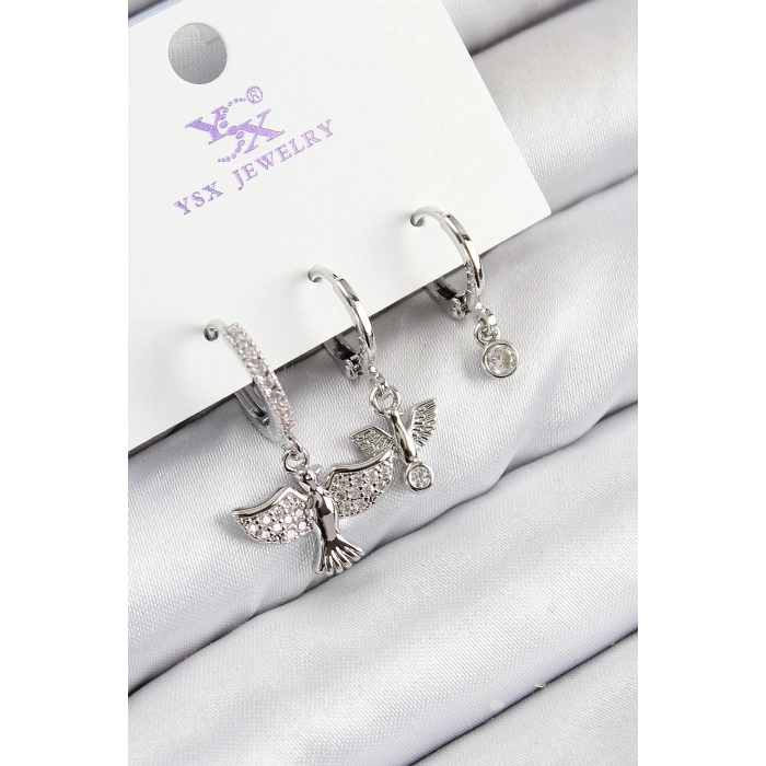 ÇOK SATAN Pirinç Zirkon Taşlı 3lü Kuş Model Gümüş Renk Kadın Küpe