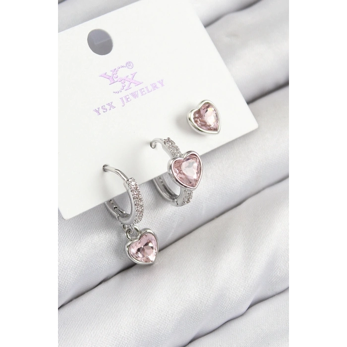 ÇOK SATAN Pirinç Zirkon Taşlı 3lü Pembe Kalp Model Gümüş Renk Kadın Küpe